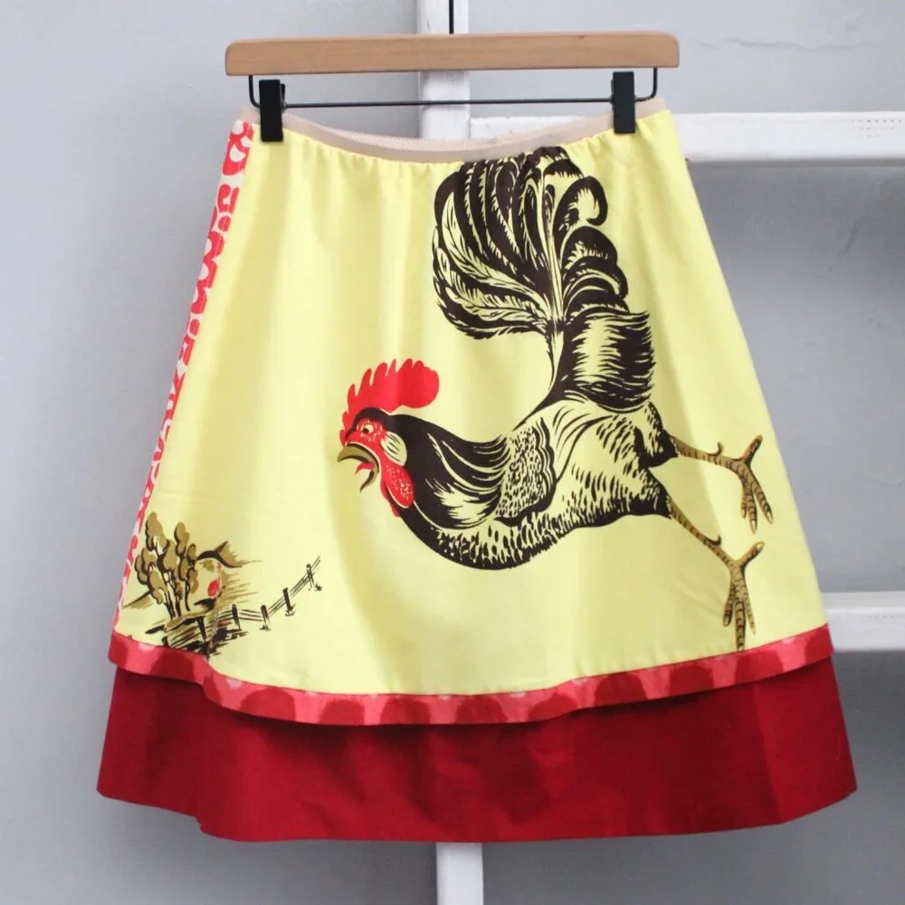 Orangyporangy Yellow Red Mixed Print Retro Rooster Farm A-Line Skirt Size Small - Picture 5 of 7